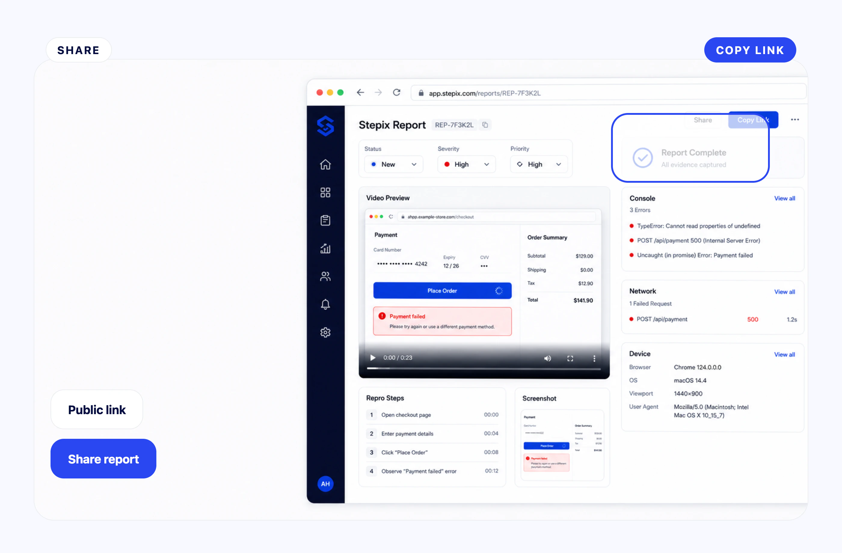 Stepix dashboard sharing a complete report with a copy link action.