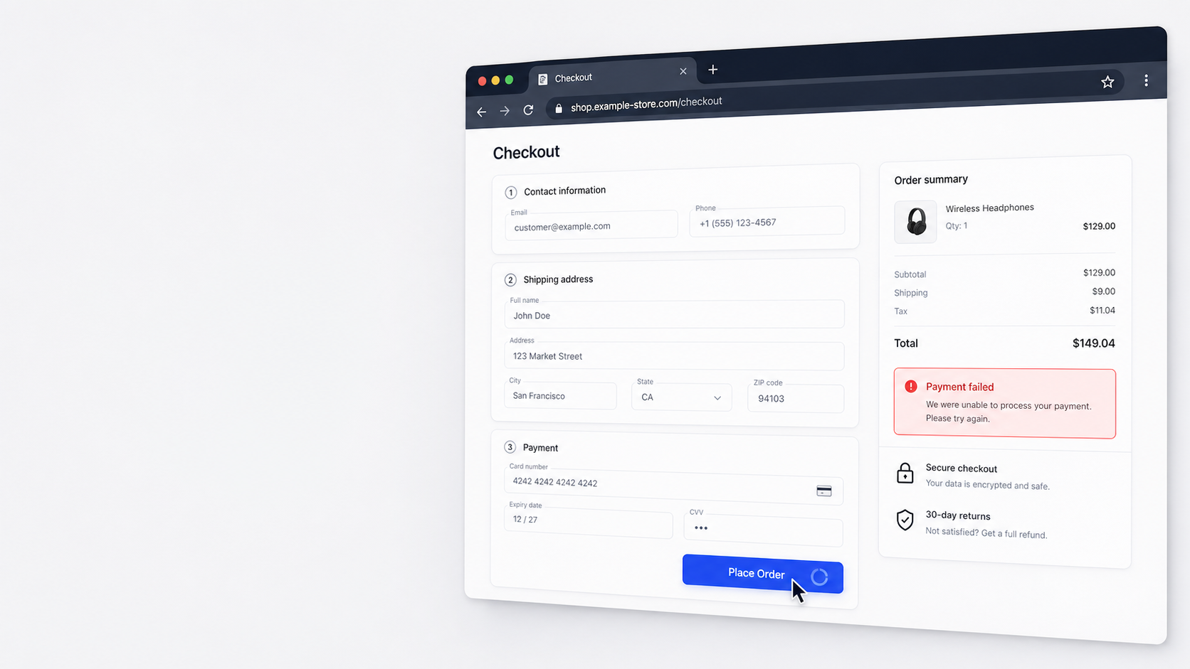 Checkout page showing a payment failure before Stepix captures the issue.