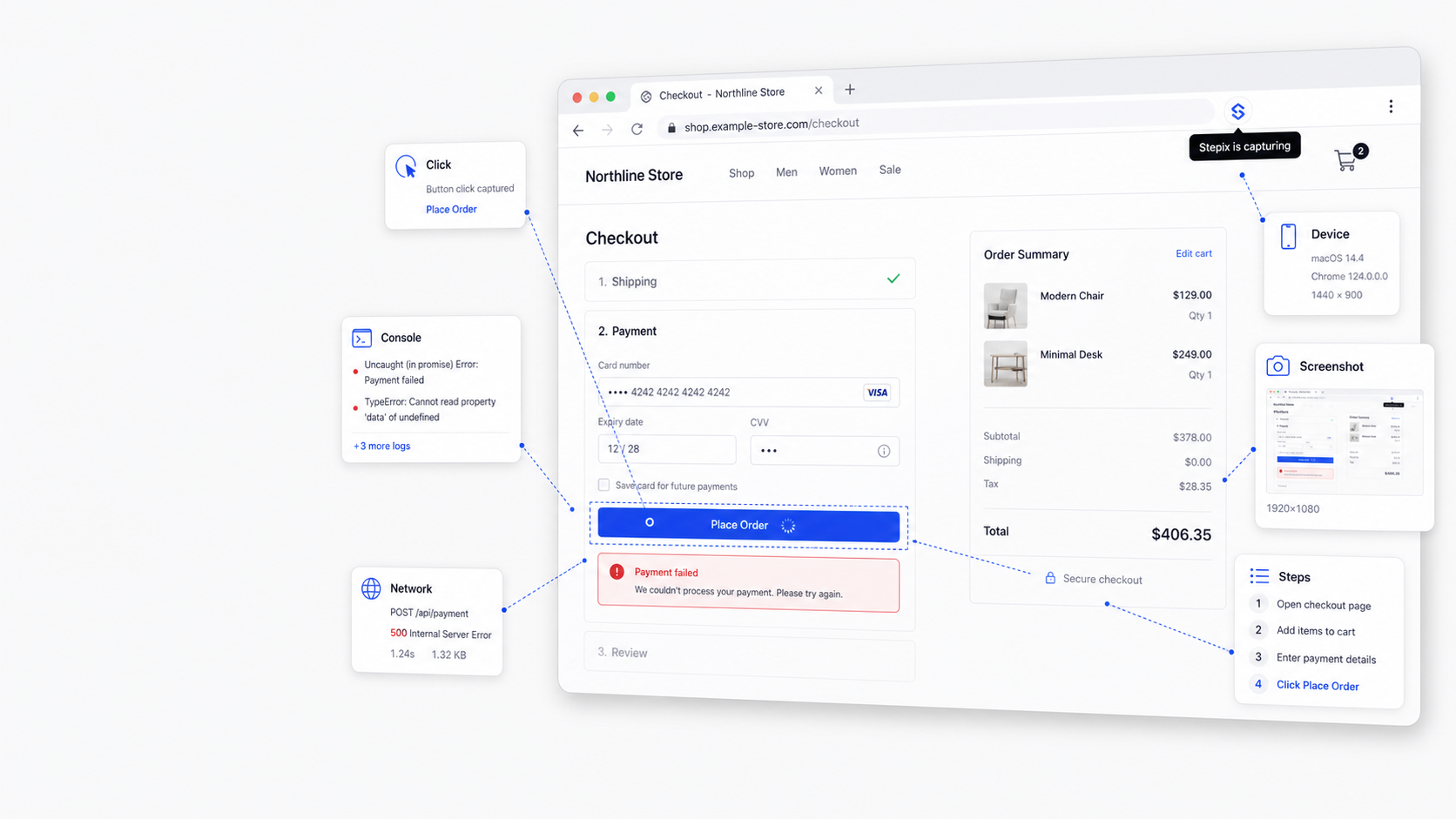 Stepix extension capturing a checkout bug with connected evidence panels.
