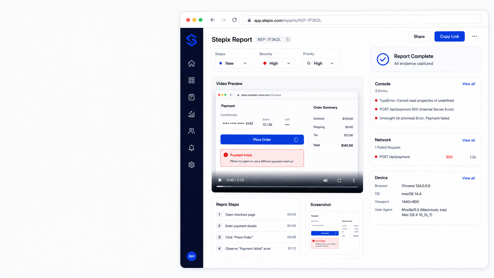 Stepix report dashboard with video replay, repro steps, console, network, and device details.